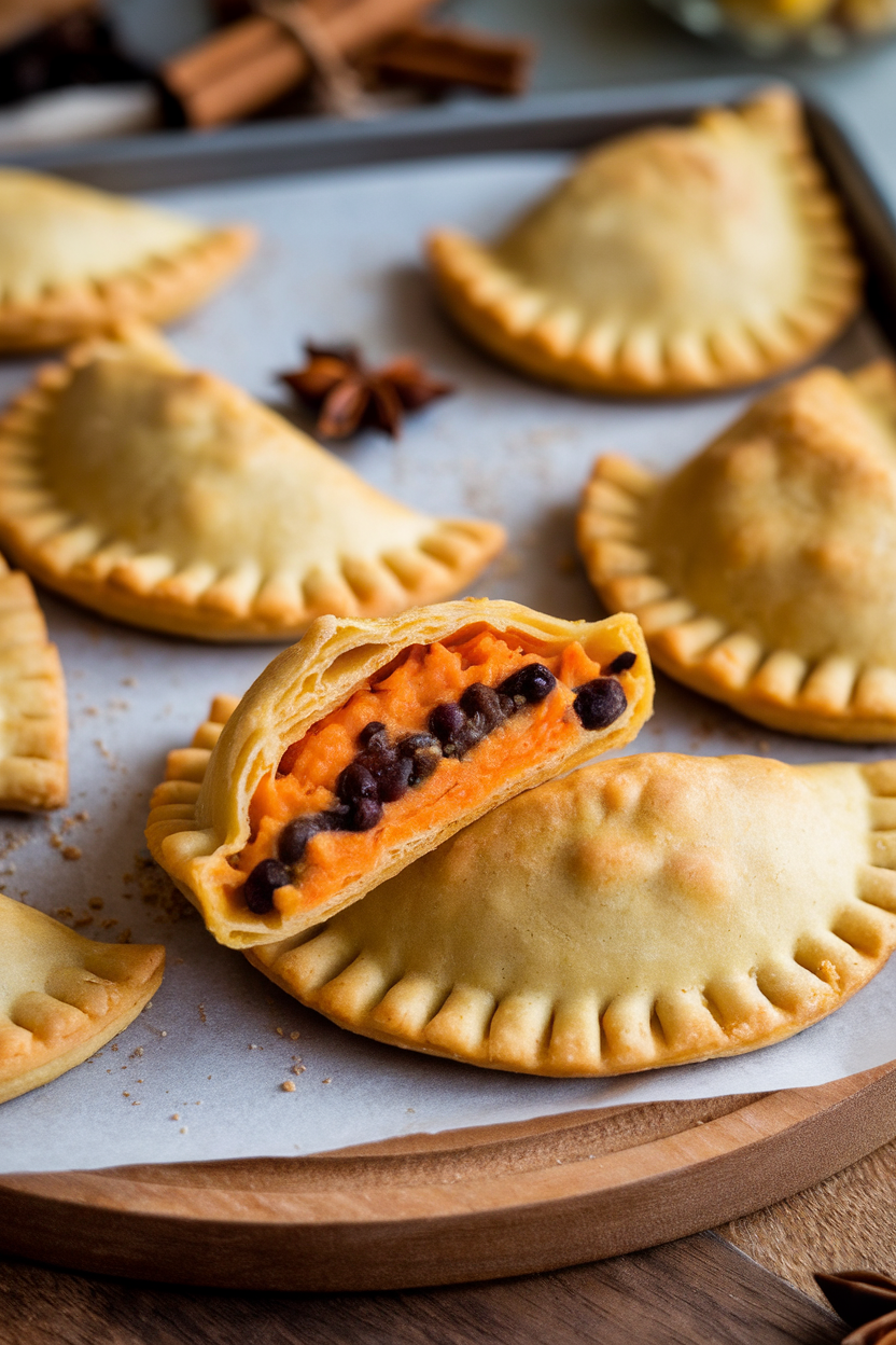 An indoor baking sheet holding golden half-moon empanadas, one broken open to reveal orange sweet potato and black bean filling. No text or logos. Photo only.