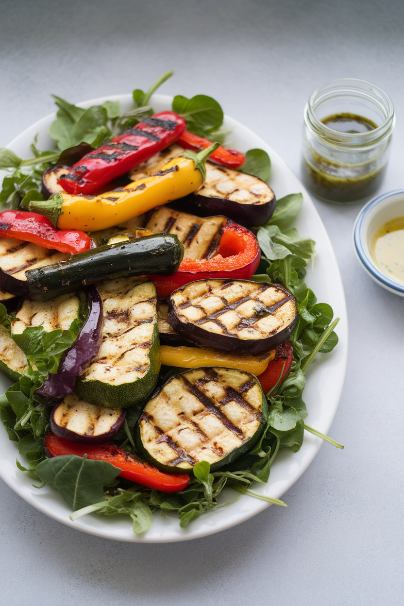 An indoor photo of a platter of mixed grilled vegetables—zucchini, eggplant, peppers—over greens with a small jar of basil vinaigrette, no text or logos.