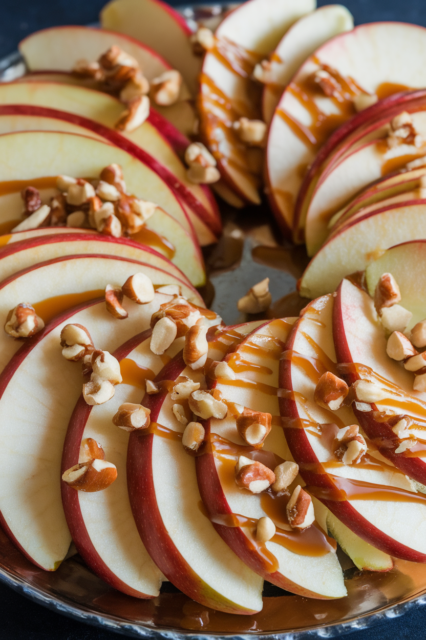 Indoor photo of thin apple slices fanned out and drizzled with caramel and chopped nuts on a platter; no text or logos.