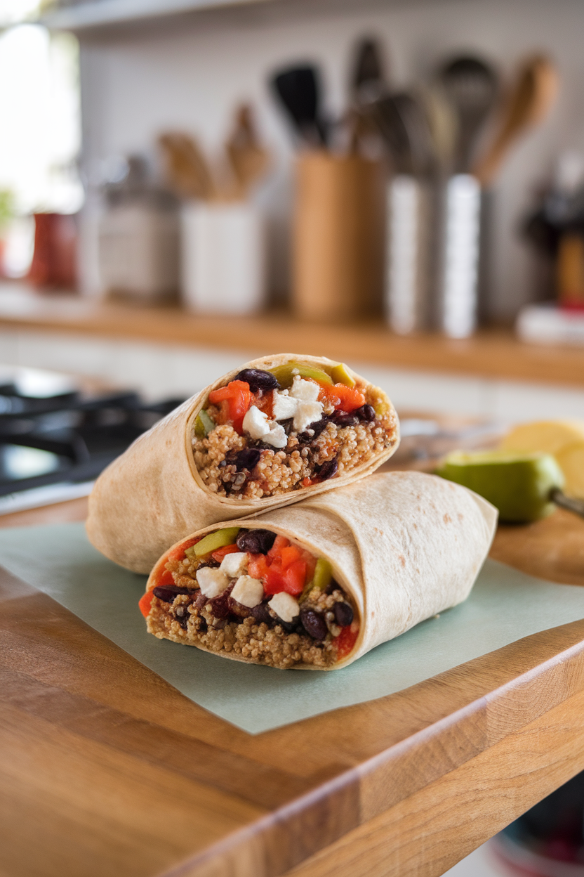 An indoor kitchen island photo of a halved burrito showing quinoa, black beans, roasted peppers, olives, and feta, no text or logos.
