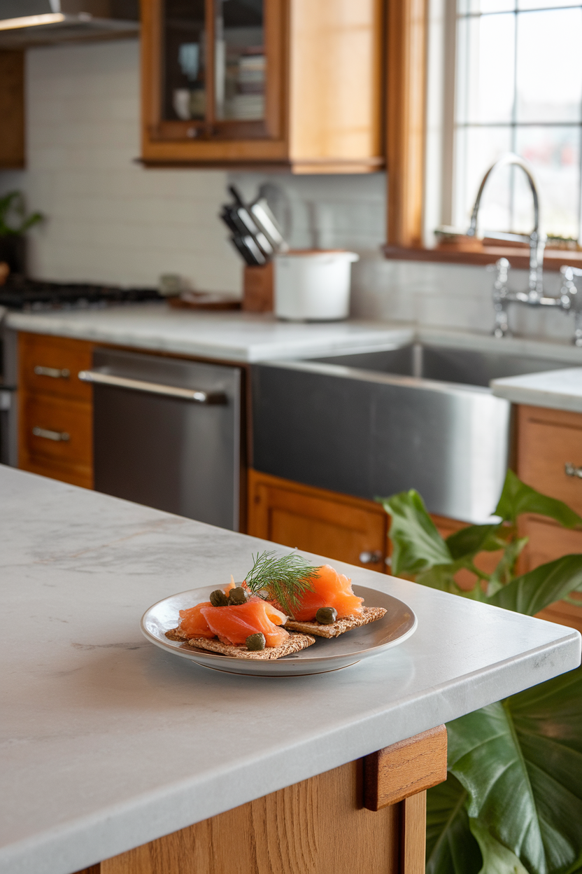 An indoor kitchen island photo of a small plate with whole-grain crackers topped with smoked salmon, capers, and a sprig of dill, no text or logos.
