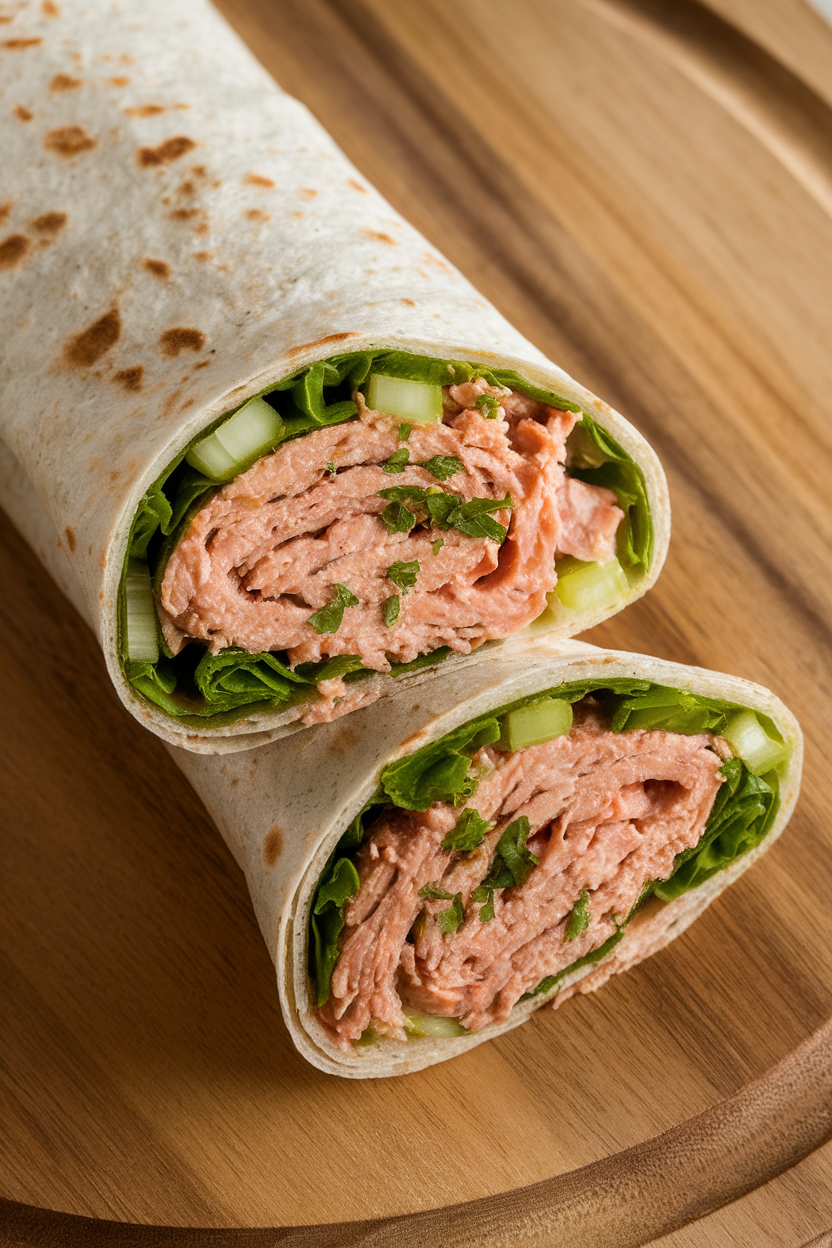An indoor photo of a whole-wheat wrap rolled tight and sliced, showing tuna mixed with olive oil, parsley, and diced celery, no text or logos.