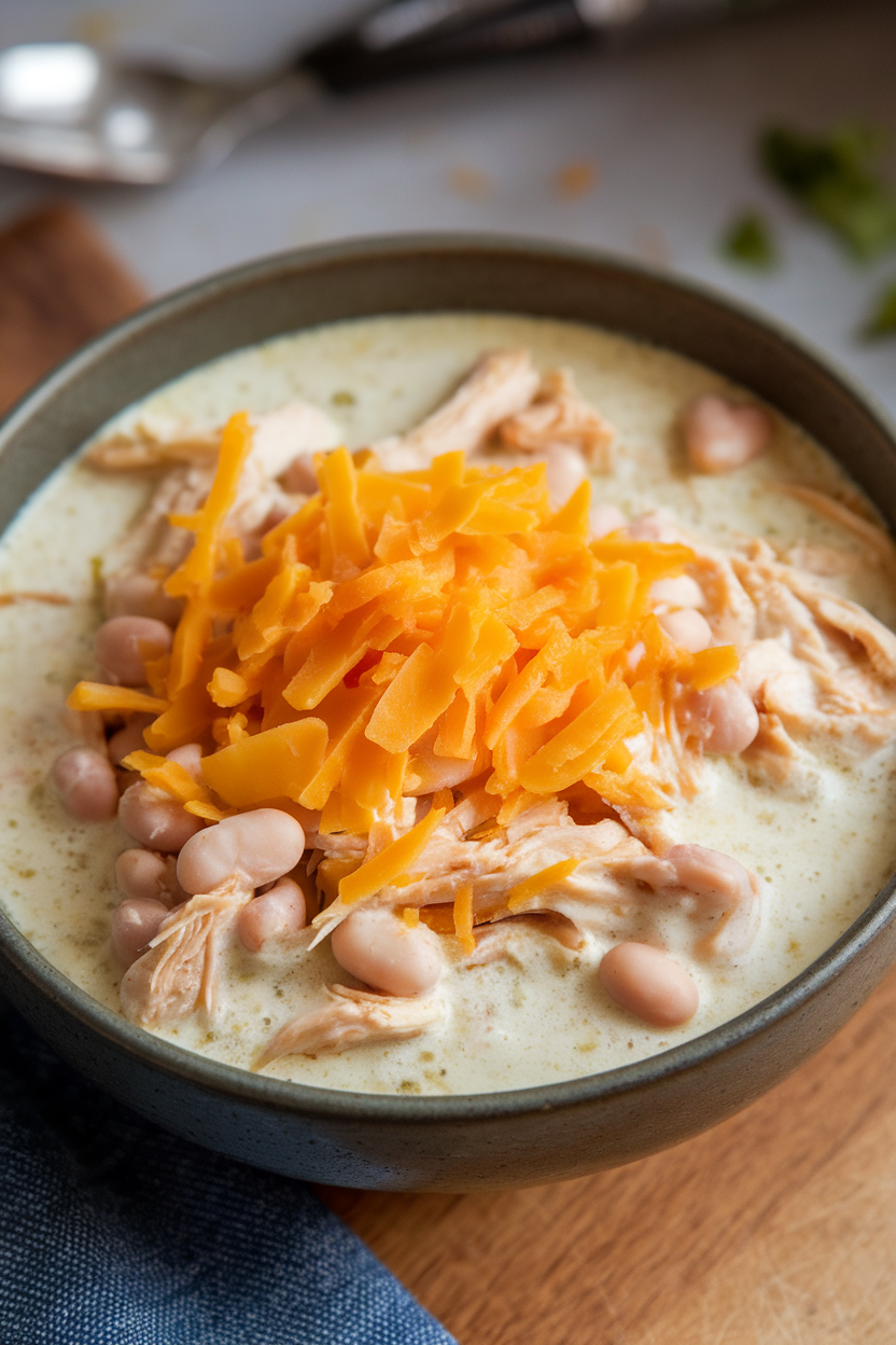 Indoor photo of a creamy bowl of white chicken chili with shredded chicken, white beans, and green chiles, topped with Monterey Jack cheese. No logos or text.