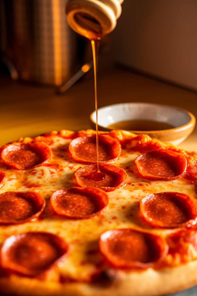 A pepperoni pizza glistening with hot honey drizzle under warm indoor spotlight. Photo only, no text or logos.