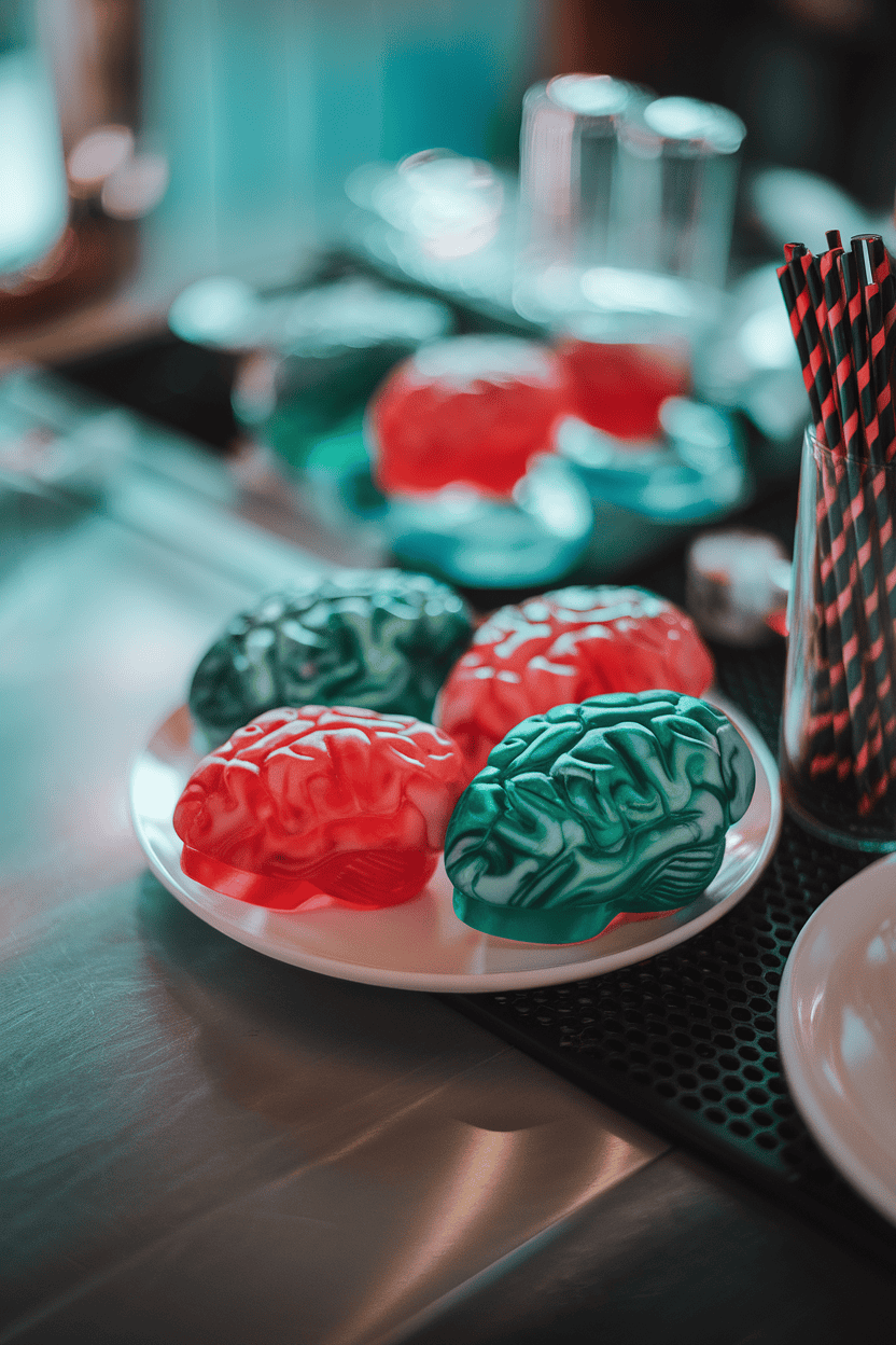 An indoor bar top showing red and green marbled jello shots in brain-shaped molds, soft overhead light, no text or logos
