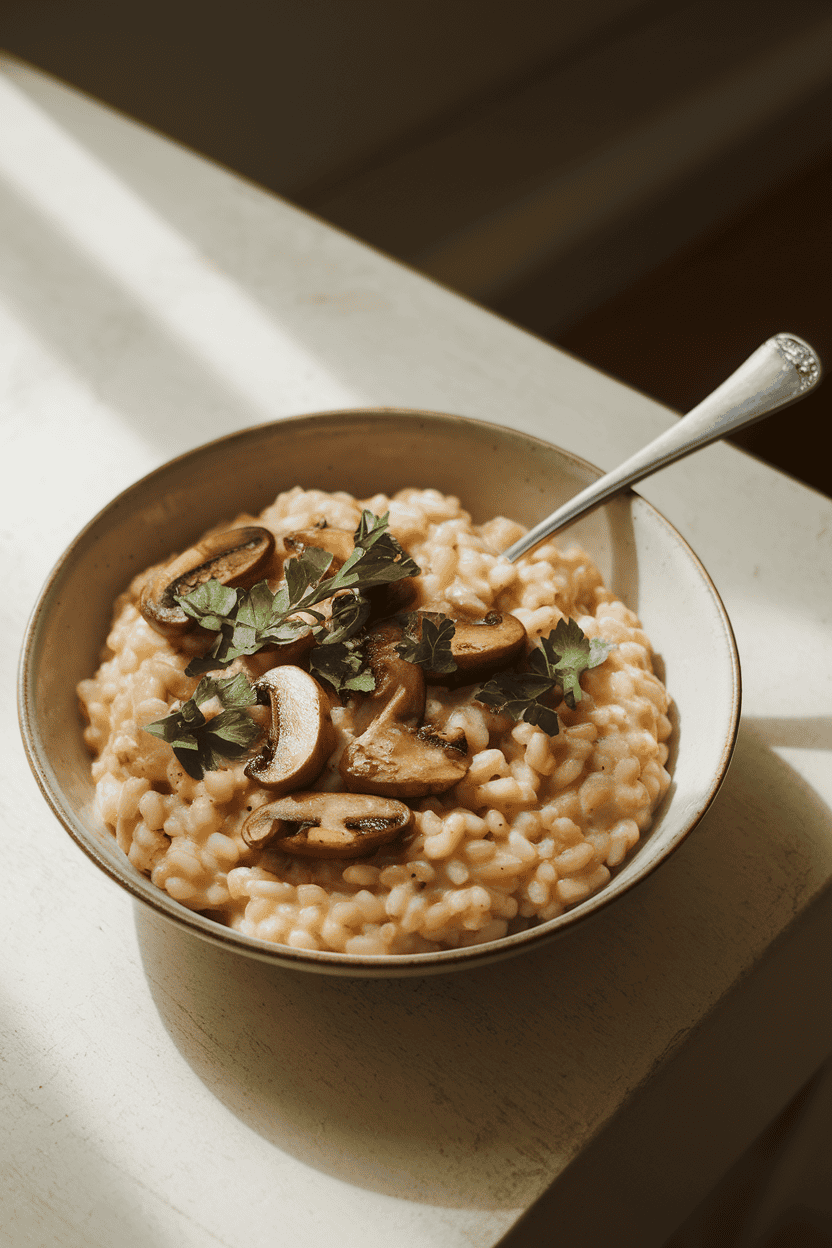 A gently lit indoor table with creamy barley risotto dotted with sautéed mushrooms and parsley, spoon resting in bowl. No text or logos.