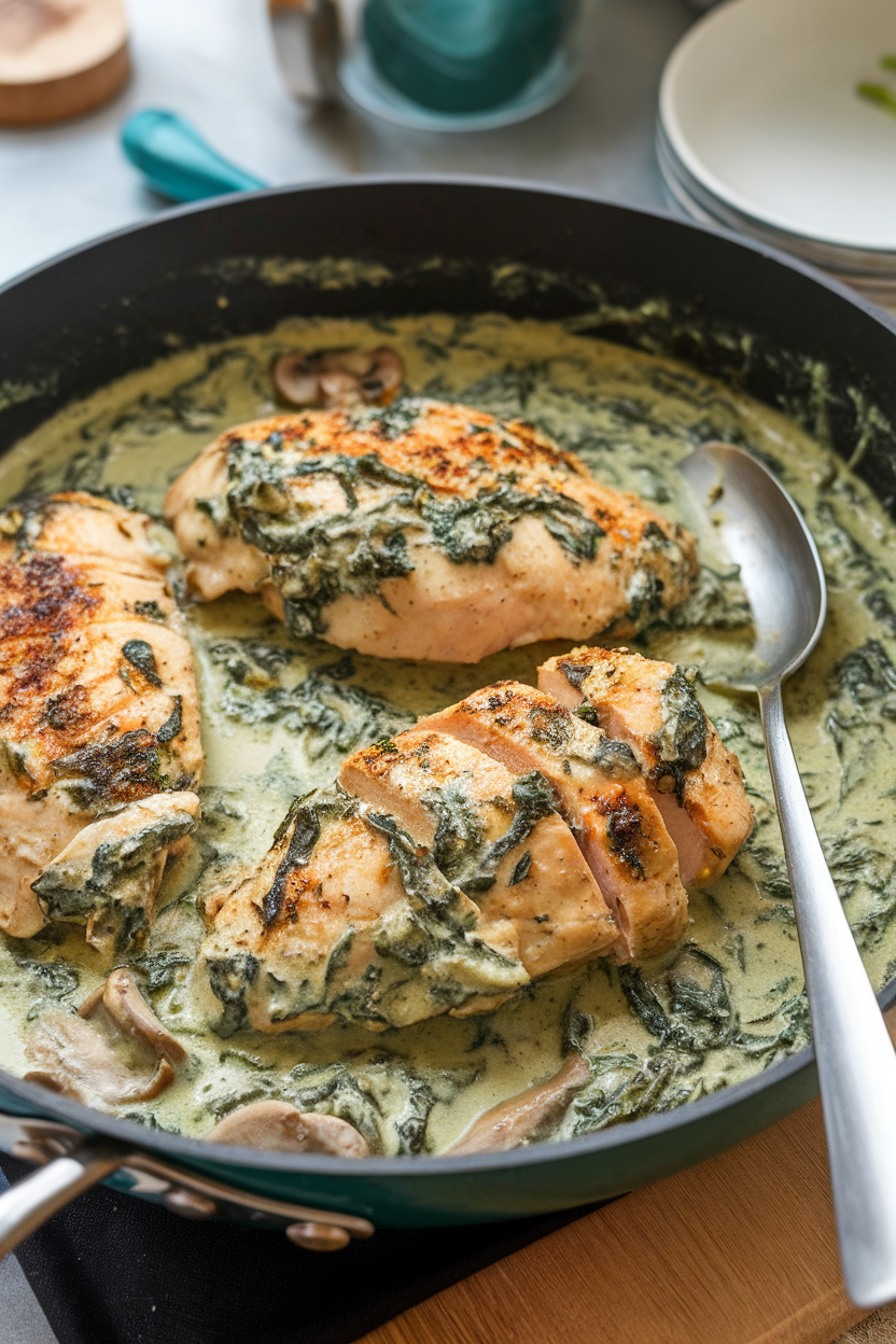 Indoor skillet with chicken breasts in a creamy spinach sauce, spoon resting on the side. No logos. Photo.