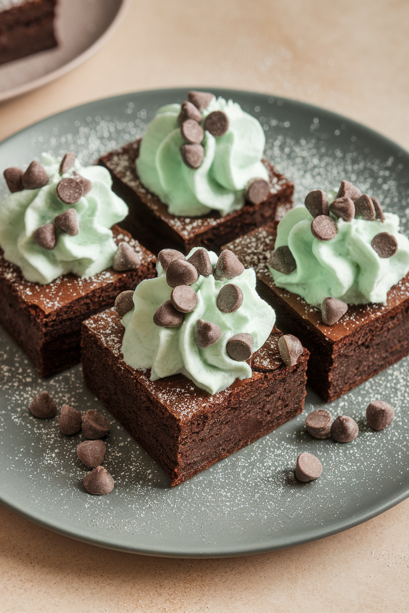 Indoor shot of brownies topped with pale mint whipped cream and mini chocolate chips, lightly dusted with silver shimmer; no text or logos