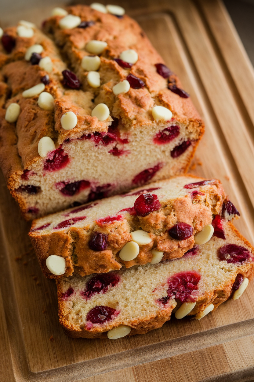 Indoor photo of a sliced quick bread dotted with cranberries and white chocolate chunks, resting on a wooden board. No text or logos.