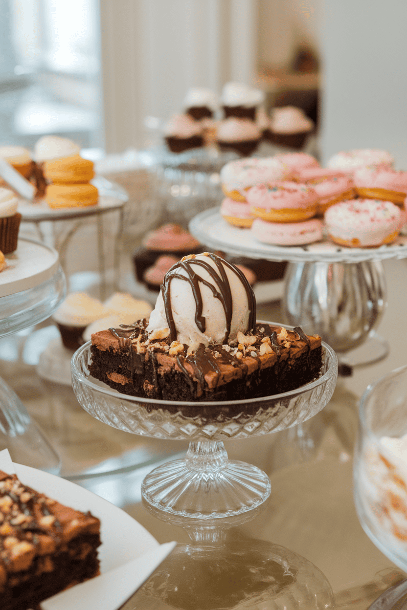 An indoor dessert table featuring a glass dish with a fudgy brownie, vanilla ice cream scoop, chocolate sauce drizzle, and crushed nuts on top. No text or logos; photo.