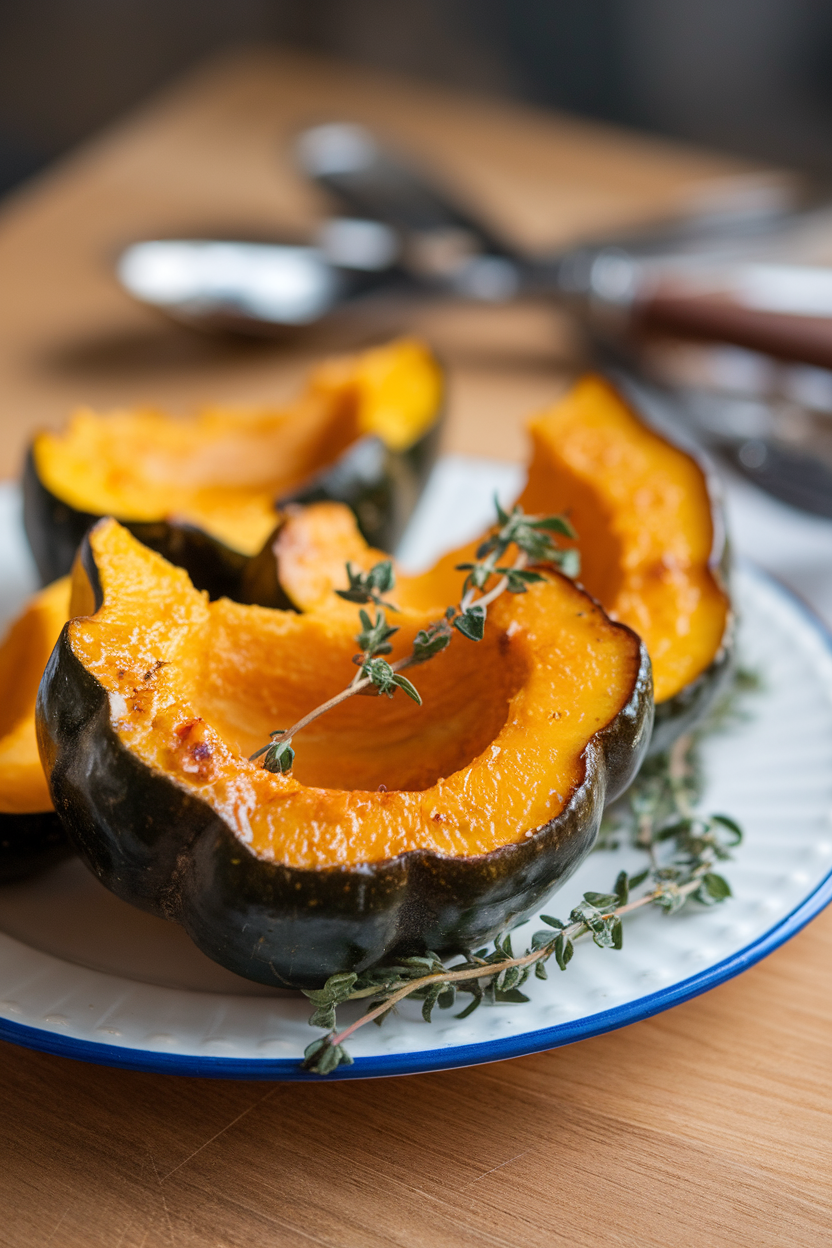 An indoor plate of acorn squash wedges glazed with honey butter and sprinkled with thyme leaves, no text or logos. Photo.</Prompt