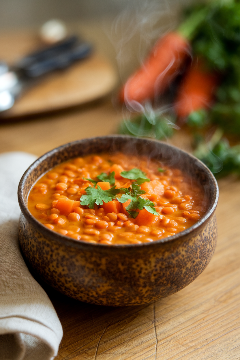 A rustic soup bowl placed on an indoor wooden table, filled with orange lentil soup dotted with diced carrots and coriander, steam visible. No logos or text.