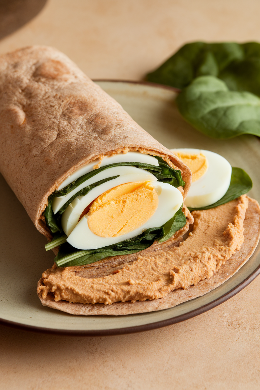 Photo of a whole-wheat tortilla spread with hummus and layered with sliced hard-boiled eggs and spinach, rolled and cut in half indoors. No text or logos present.