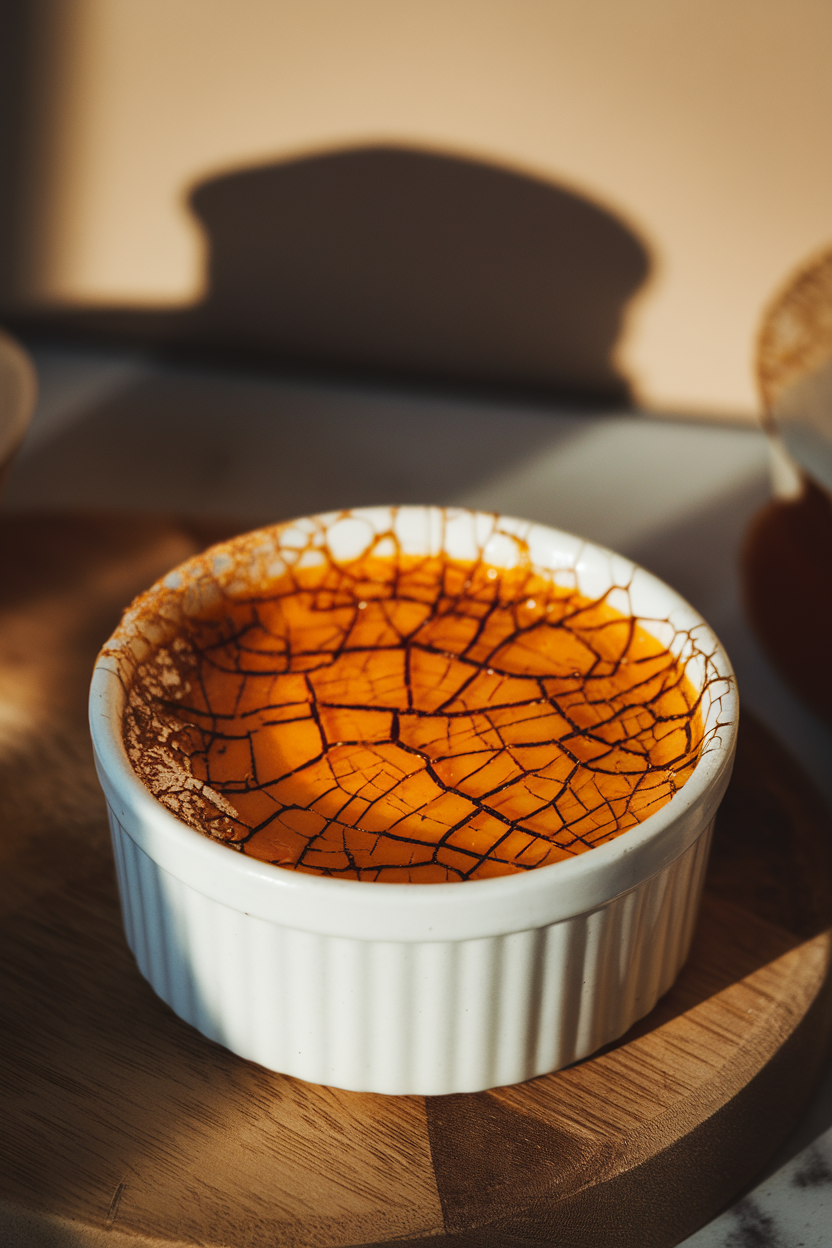 A torch-kissed indoor ramekin showing crackled caramelized sugar atop orange-tinted pumpkin custard. Photo only, no text or logos.
