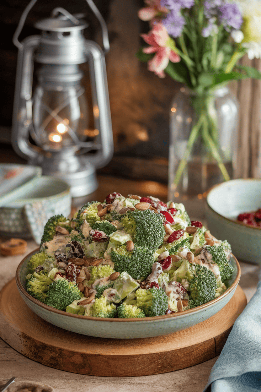 Photo of chopped broccoli salad with cranberries, sunflower seeds, and creamy dressing in a serving bowl indoors. No text or branding shown.