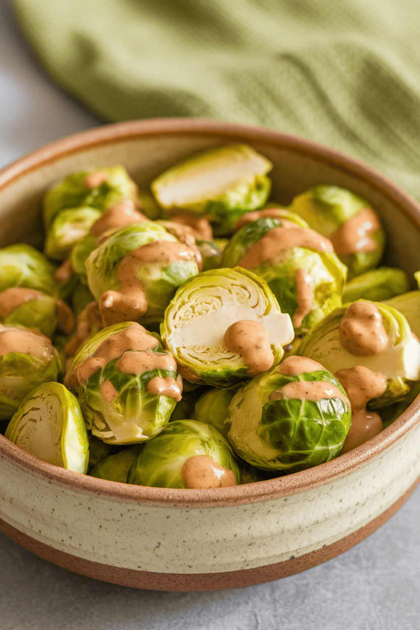 Indoor photo of Brussels sprout halves glazed with honey mustard on a ceramic bowl. No text or logos.