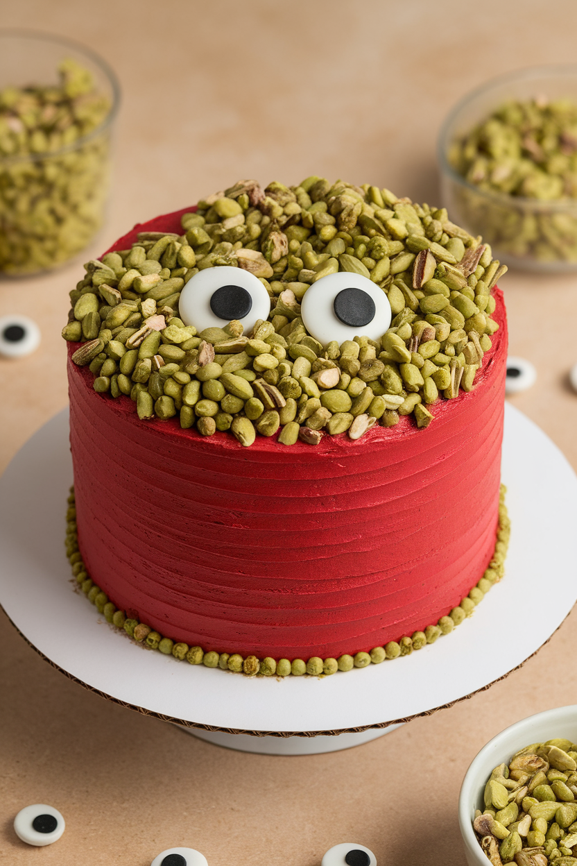 Indoor photo of a crimson frosted cake with green pistachio “moss” and candy eyes peering out. No text or logos.
