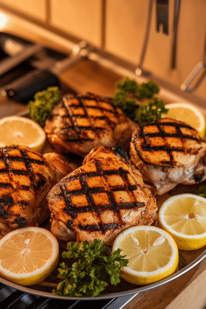 Photo of chicken thighs with crisped skin and visible grill marks, garnished with lemon slices and parsley on an indoor platter. No text or logos shown.