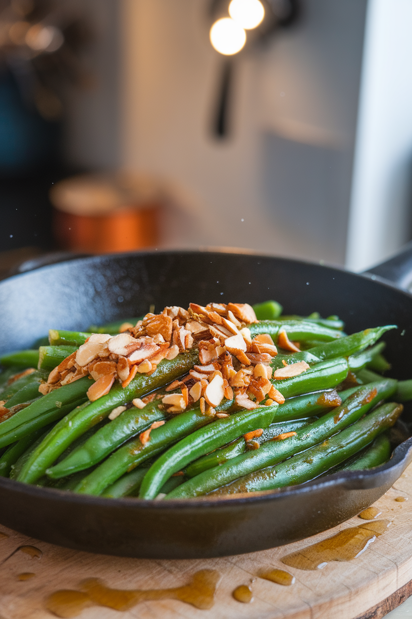 Indoor skillet showing vibrant green beans slicked with brown butter and topped with toasted almond slivers. Photo, no text or logos.