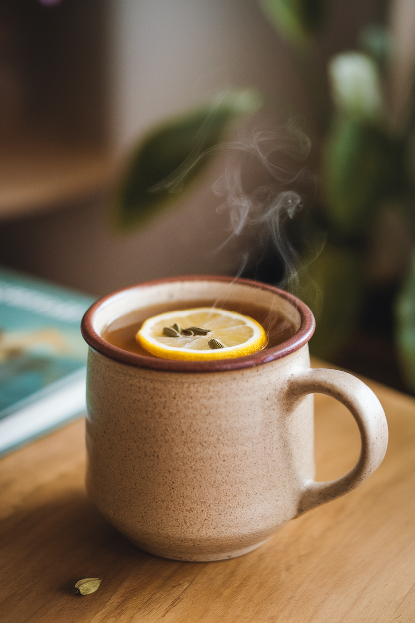 Photo of a ceramic mug indoors, filled with steaming cardamom honey hot toddy, lemon wheel floating, whole cardamom pods visible. No text or logos.