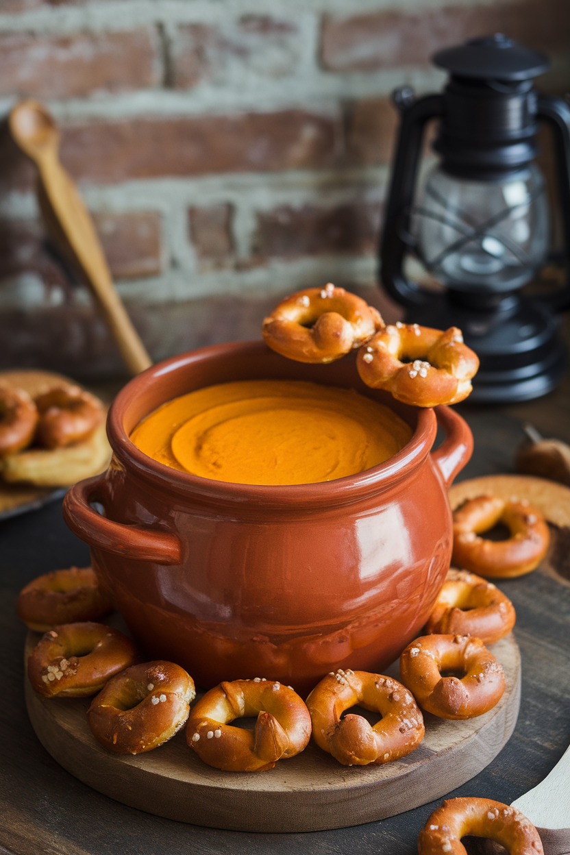 An indoor ceramic crock of velvety pumpkin beer cheese, a few soft pretzel nuggets arranged around the rim. No text or logos. Photo, not illustration.