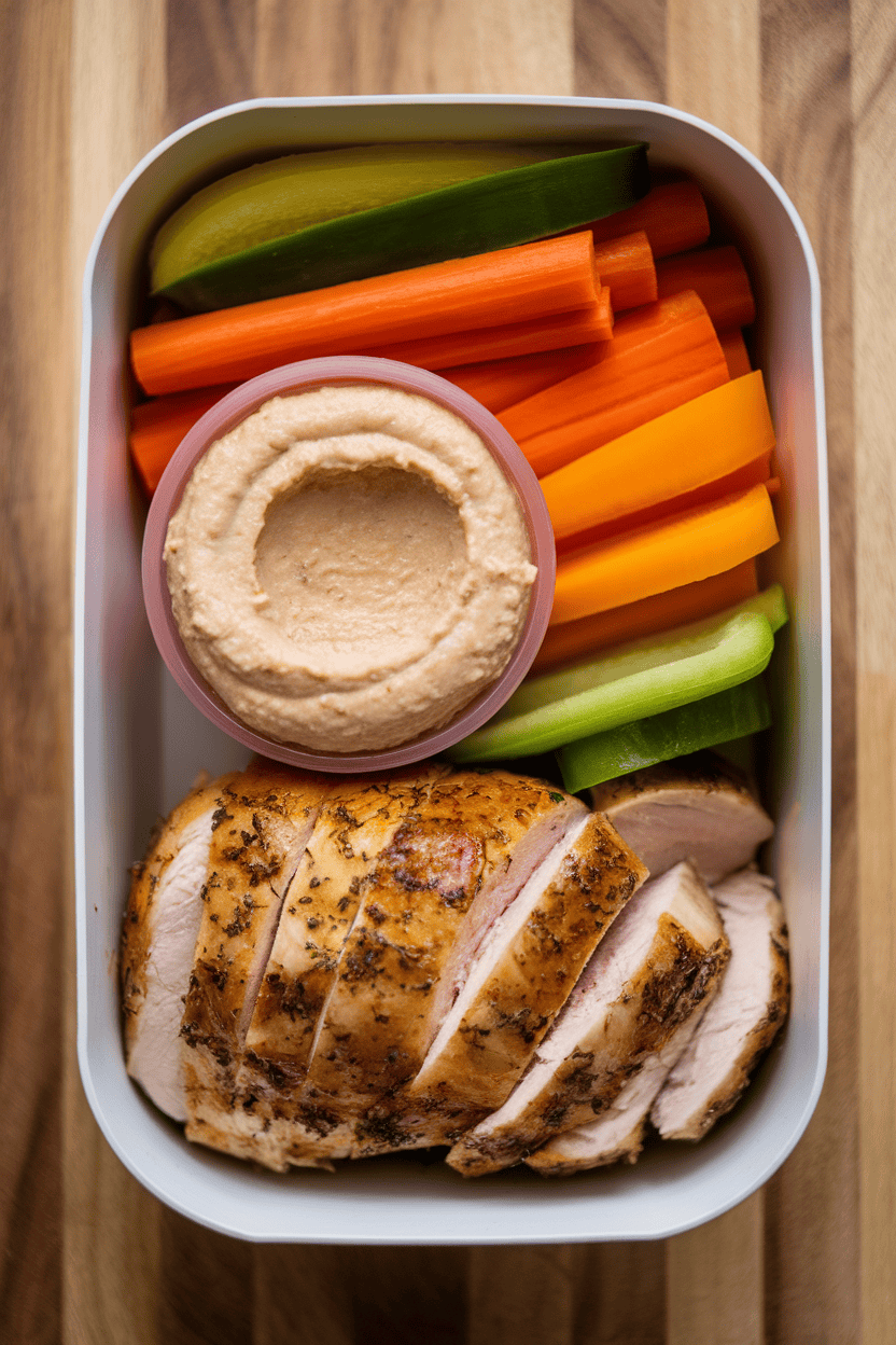 Photo taken indoors of a lunch container with sliced roast chicken breast, creamy hummus in a silicone cup, carrot and bell-pepper sticks arranged neatly; no text or logos.