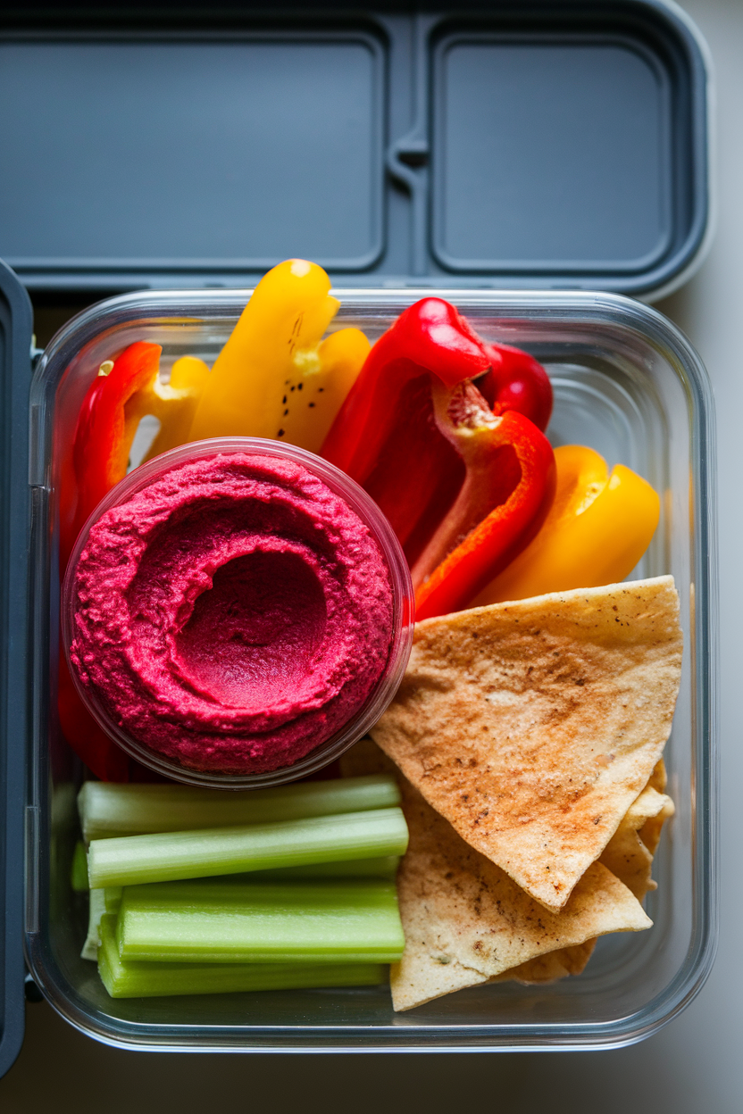 Indoor photo of a lunchbox compartment containing vibrant beet hummus, sliced bell peppers, celery sticks, and whole-grain pita chips. No text or logos.