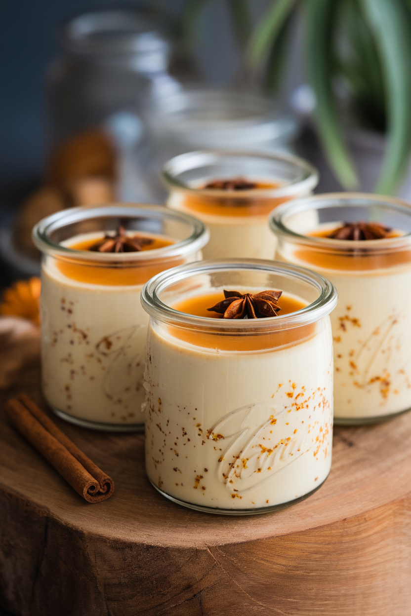 Indoor photo of glass jars with creamy panna cotta flecked with chai spices, topped with a thin caramel layer. No text or logos.