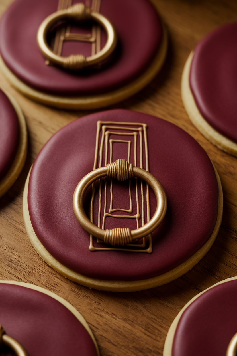Indoor photo of circular cookies featuring ornate ring door knockers in gold icing against deep burgundy backgrounds, no text or logos.