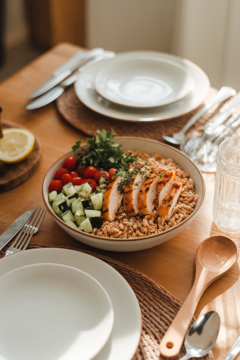 Photo of a warmly lit indoor table with a bowl of herbed farro tabouli, grilled lemon chicken strips, diced cucumber, cherry tomatoes, and a sprinkle of parsley. No text or logos anywhere.