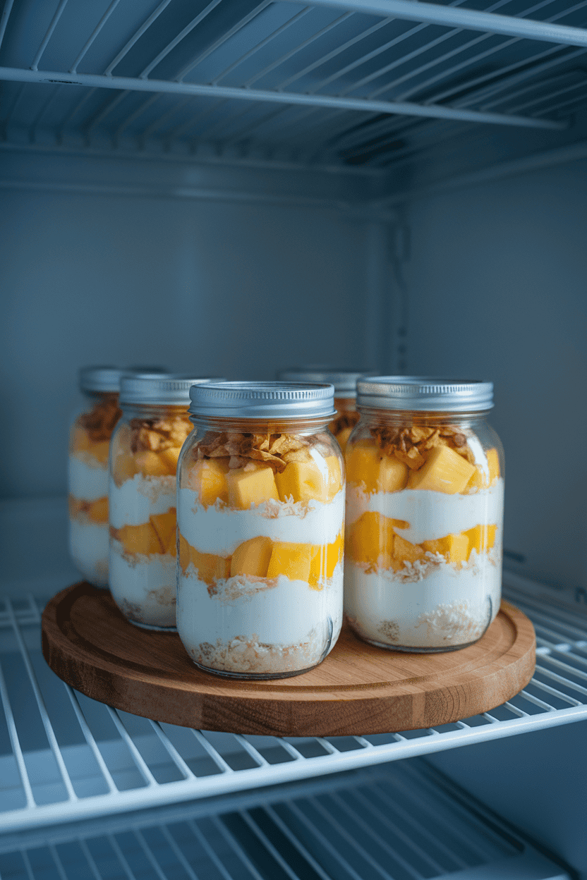 Photo of an indoor refrigerator shelf holding mason jars layered with vanilla yogurt, diced mango, pineapple chunks, and toasted coconut flakes. Soft, cool lighting, no text or logos visible.
