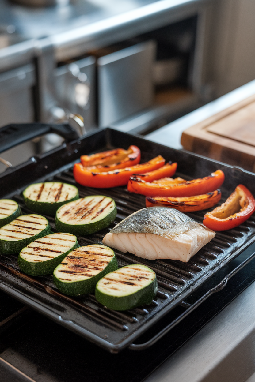 Indoor photo (taken in a kitchen grill pan) of zucchini and bell peppers grilling next to a small piece of fish; no text or logos