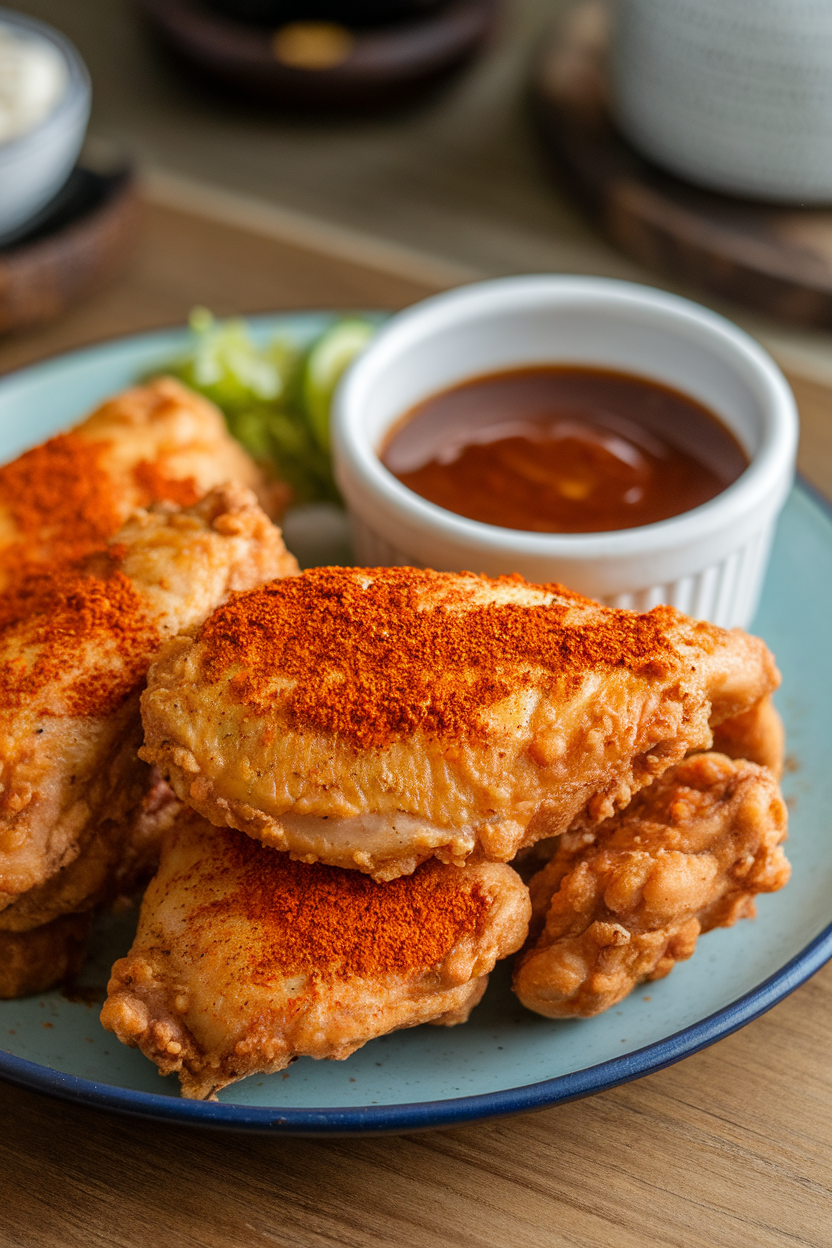 Indoor plate of fried chicken breasts dusted lightly with Chinese five-spice powder, small bowl of hoisin dip, photo only, no text or logos
