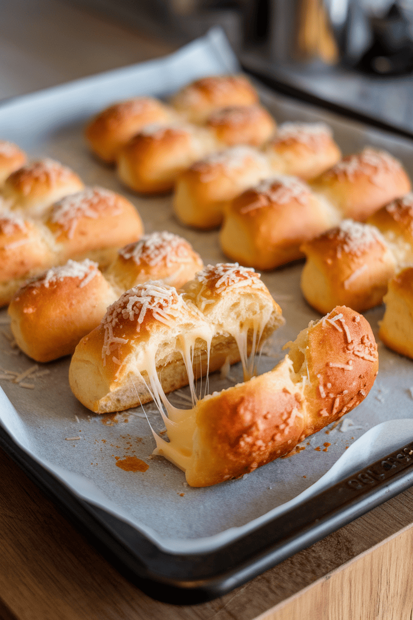 Photo of golden breadsticks oozing cheese when pulled apart, placed on a parchment-lined indoor baking sheet. No visible text or logos.