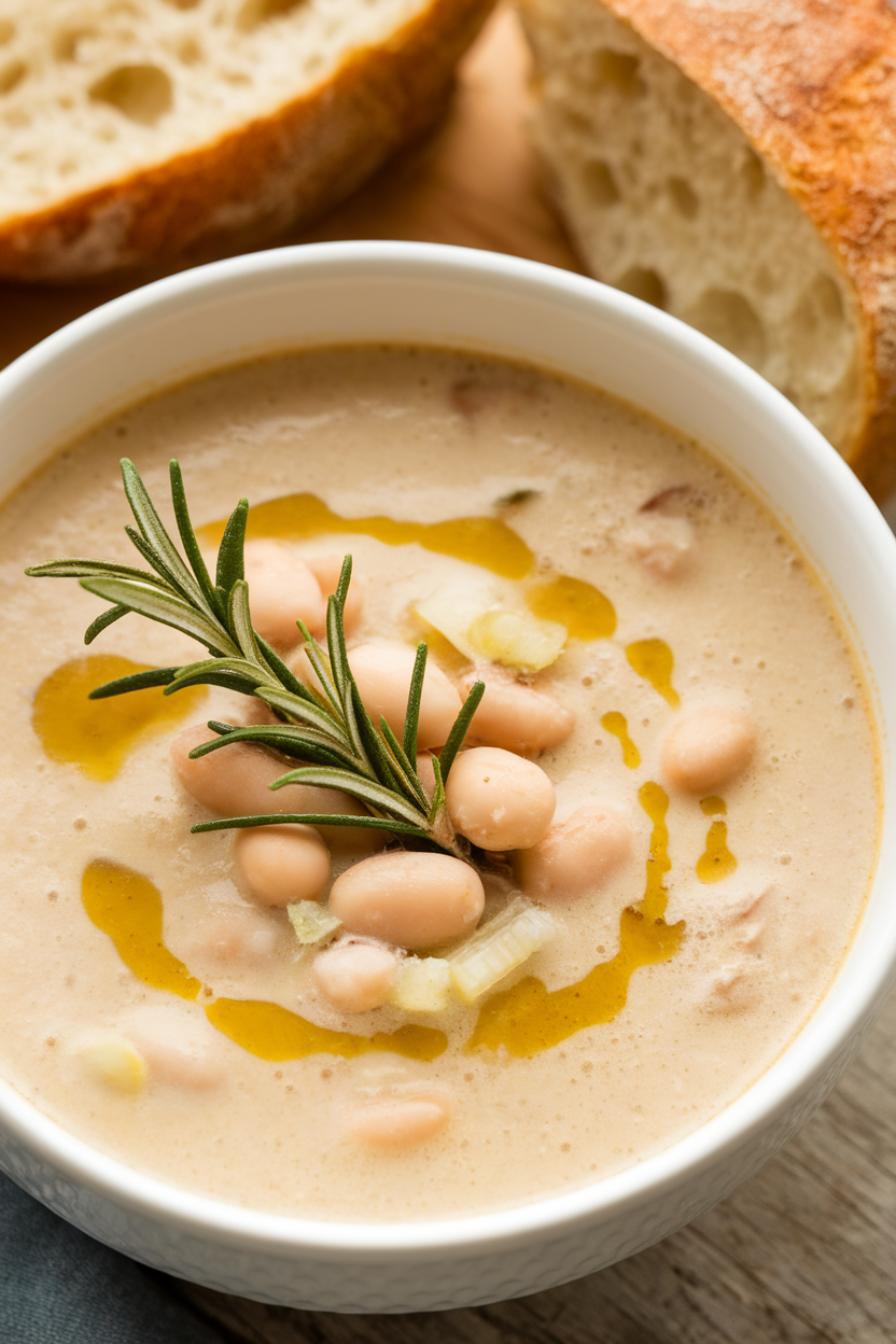 Indoor photo of a bowl of creamy white bean soup garnished with a rosemary sprig and drizzle of olive oil. No text or logos.