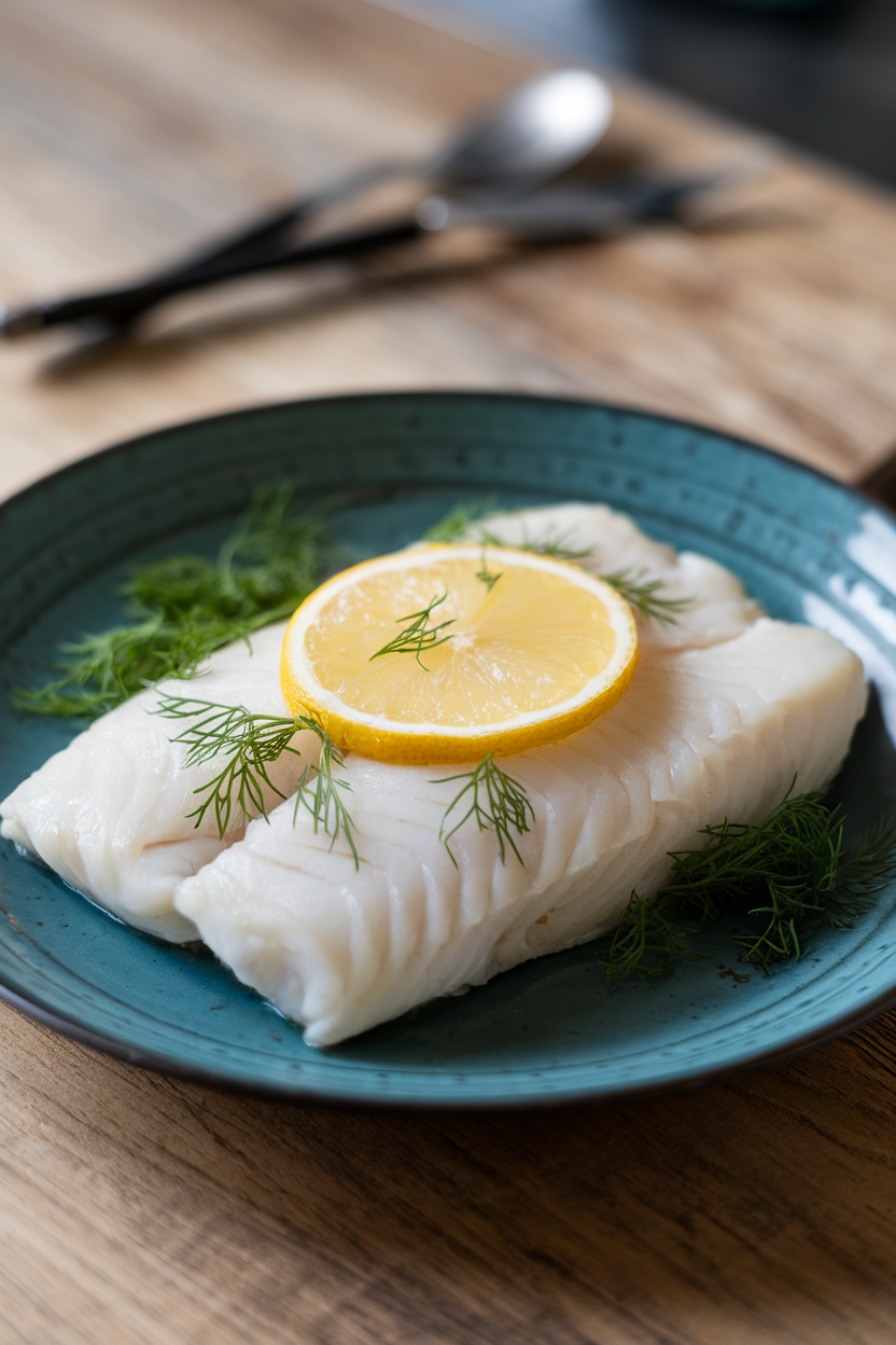 Indoor plate of steamed white tilapia fillet garnished with a paper-thin lemon slice and chopped dill. No text or logos; photo only.