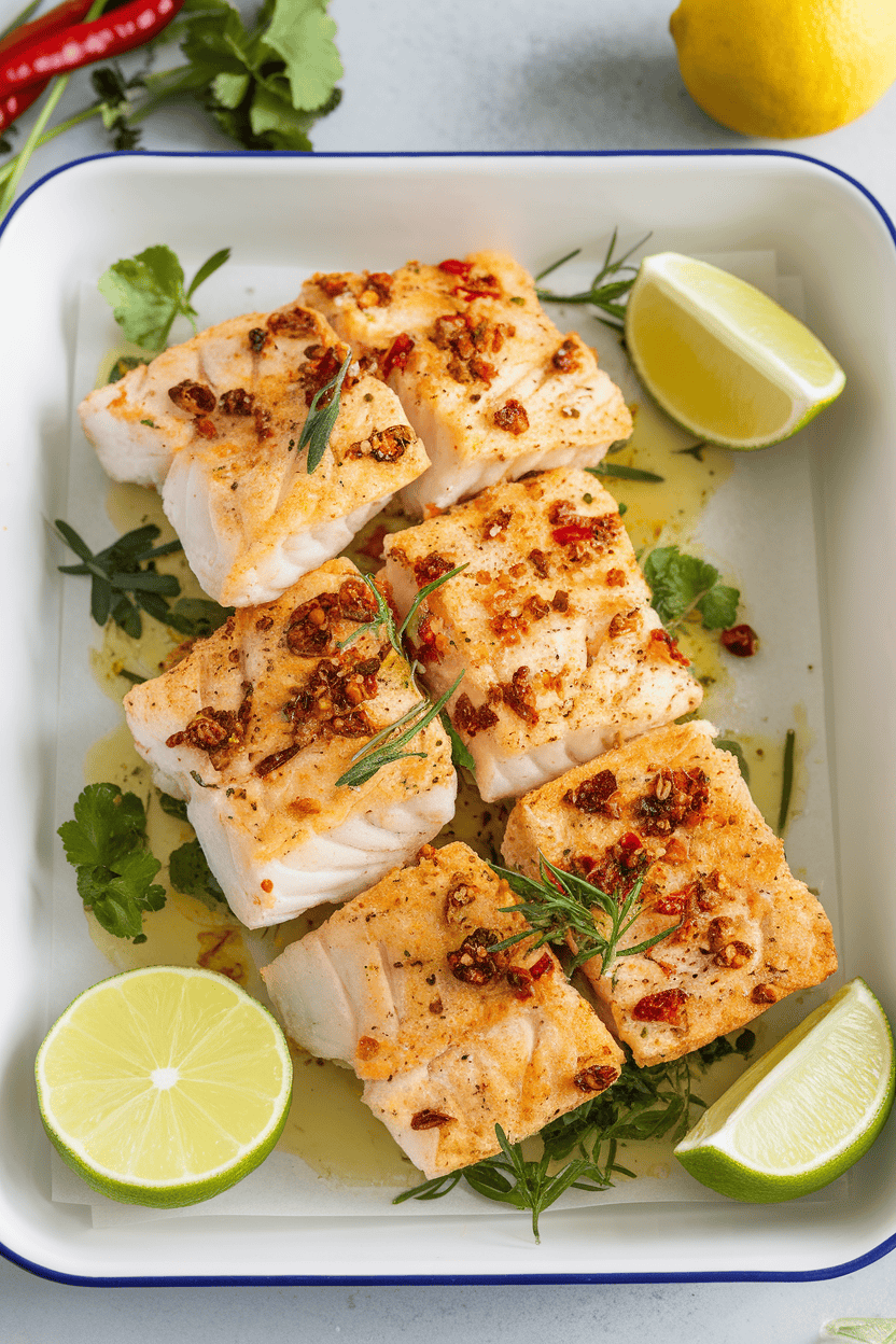 Indoor photo of flaky tilapia portions with chili flecks and lime slices on a white tray. No logos or text.
