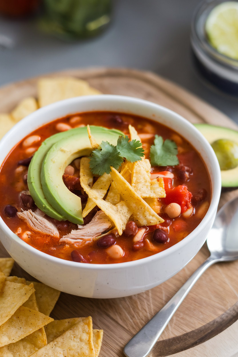 Indoor photo of a bowl of chicken tortilla soup topped with avocado slices, crispy tortilla strips, and cilantro. No text or logos.