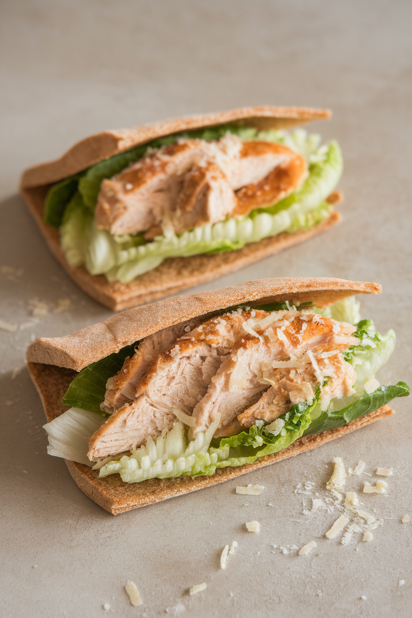 Photo of halved whole-wheat pitas stuffed with Caesar-dressed chicken, romaine, and grated parmesan on a neutral indoor table setting. No text or logos.