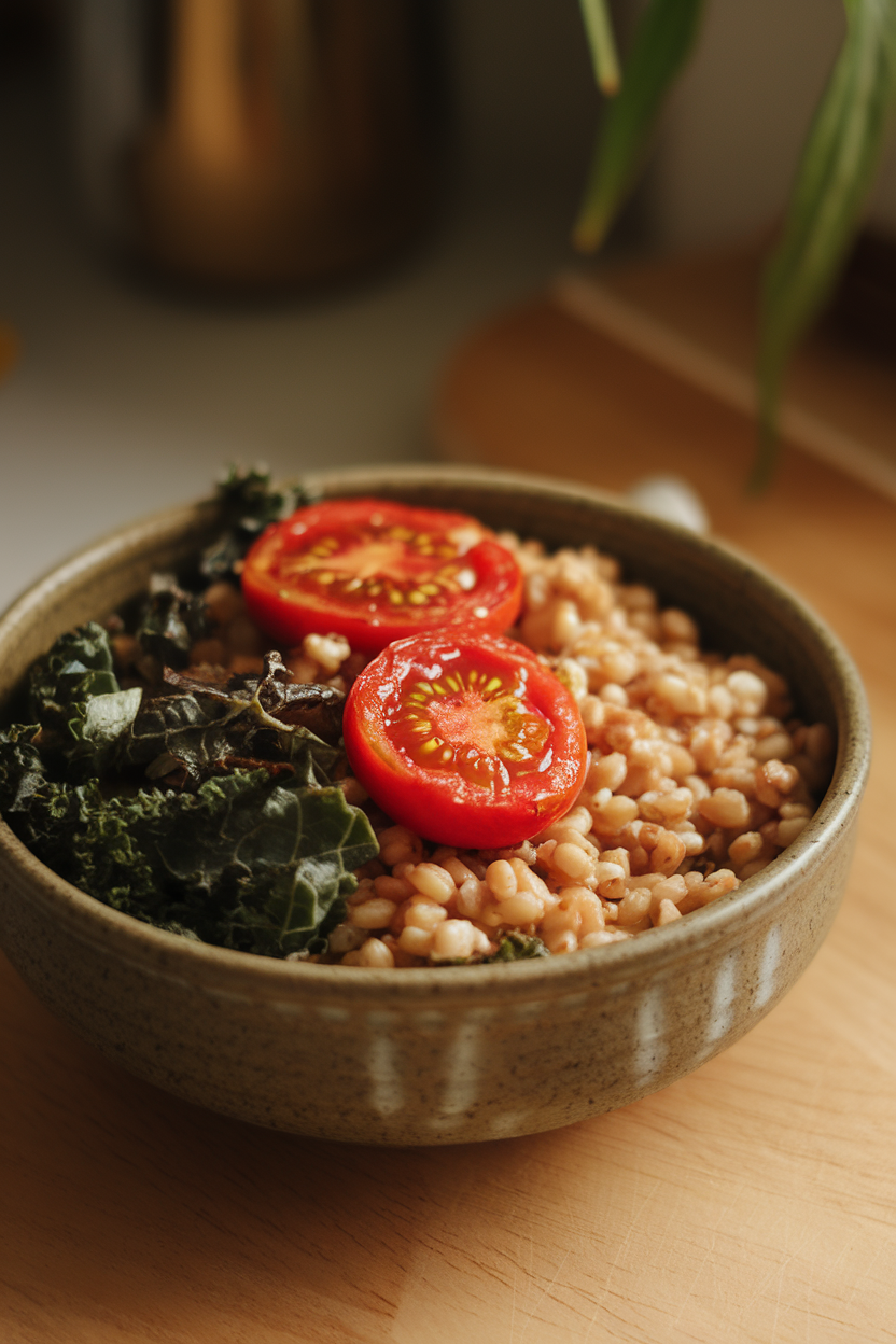 Indoor photo of a ceramic bowl featuring chewy barley, wilted kale, and slow-roasted tomato halves drizzled with olive oil. Soft lighting, no logos or text.