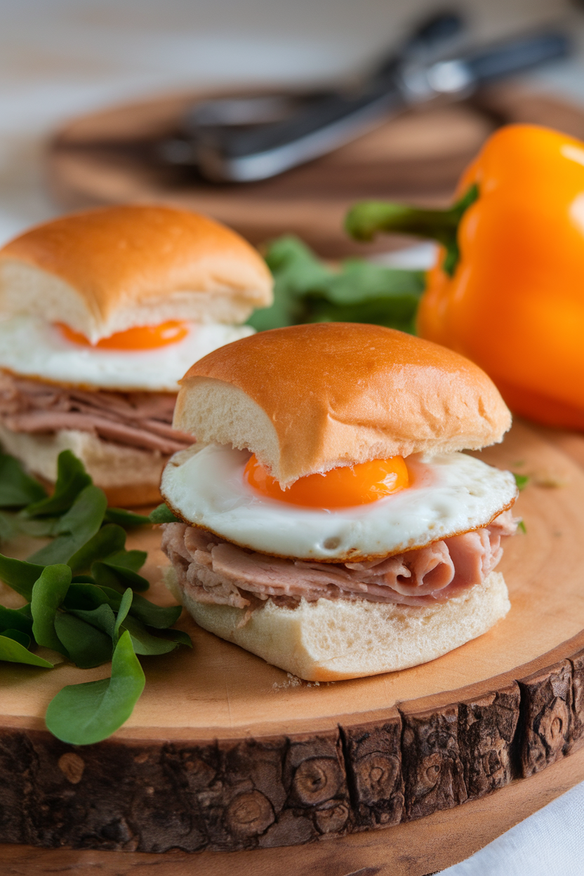 Indoor platter with two small slider buns filled with turkey, melted pepper jack, and a fried egg, cheese just peeking out. No text or logos.