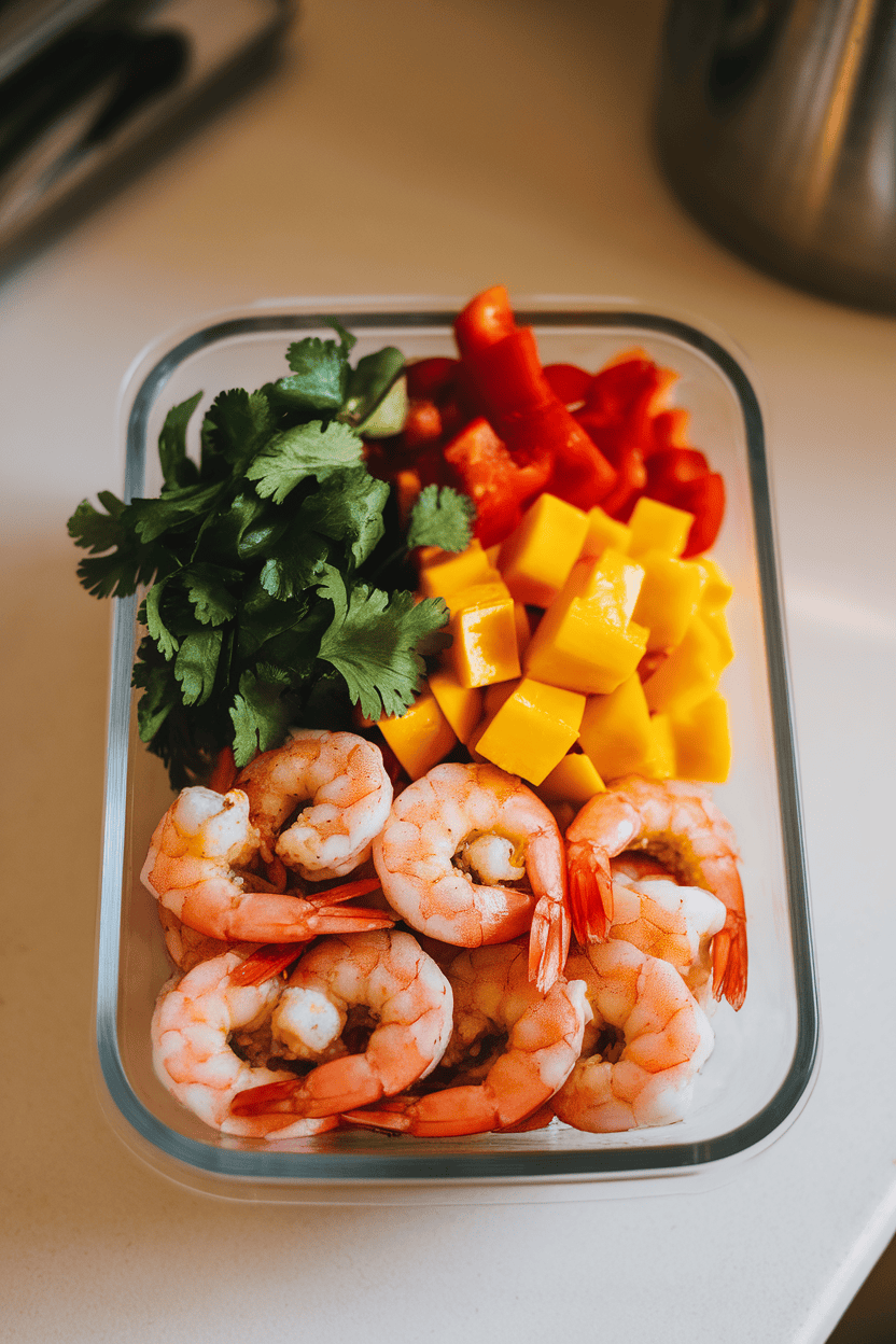 Photo of a glass meal-prep container on a counter, holding cooked chili-dust shrimp beside diced mango, red bell pepper, and cilantro, indoor lighting, no text or logos.