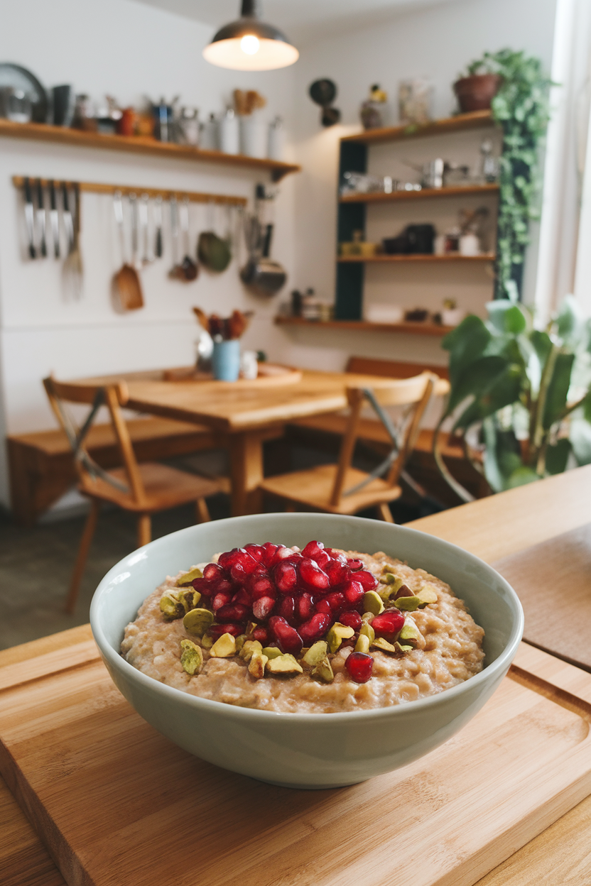 Photo of a bowl of oatmeal generously topped with pomegranate seeds and chopped pistachios, indoor breakfast nook scene. No text or logos visible.