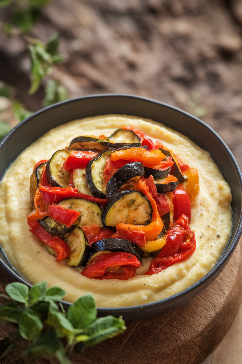 A bowl indoors featuring creamy polenta topped with colorful ratatouille of zucchini, eggplant, peppers, and tomatoes. No text or logos.