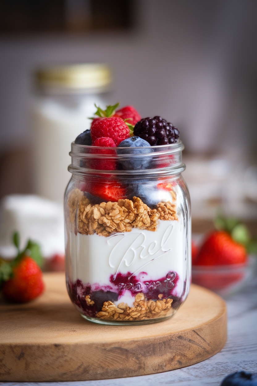 Photo of a small mason jar indoors layered with Greek yogurt, granola in a separate lid compartment, and mixed berries on top. No text or logos.