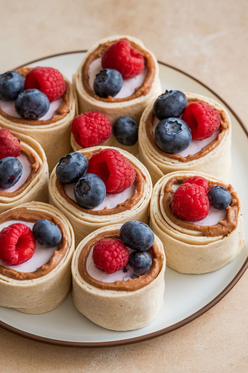 Photo of sliced flour tortillas spread with almond butter and fresh berries, rolled and arranged on an indoor plate. No text or logos.