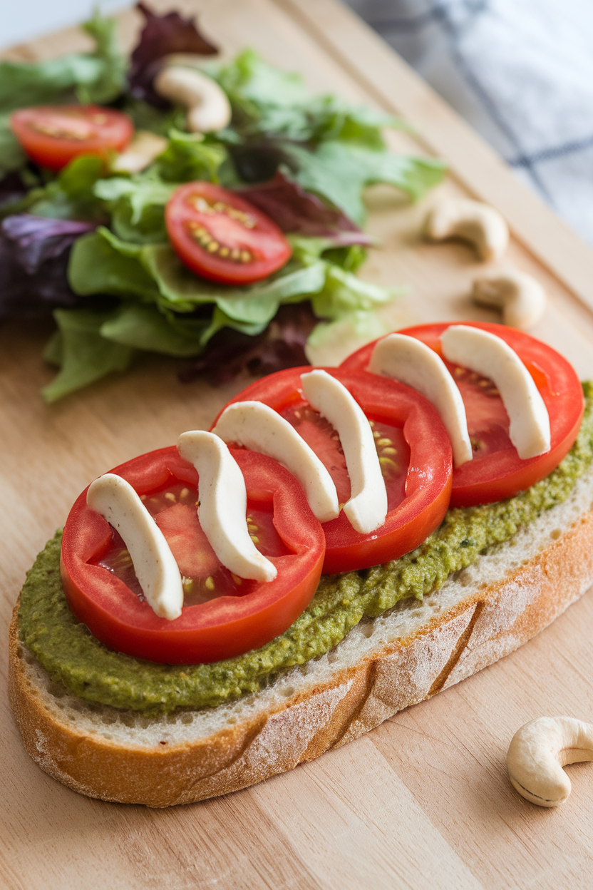 An indoor sandwich board displaying a toasted ciabatta loaded with basil pesto, tomato slices, and cashew-based mozzarella. Photo only, no text or logos.