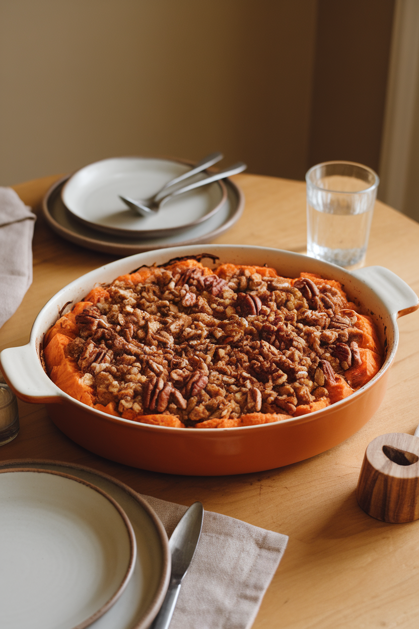 Warm indoor dining table featuring a casserole of fluffy sweet potatoes topped with buttery pecan crumble and lightly browned edges. Photo, no text or logos.