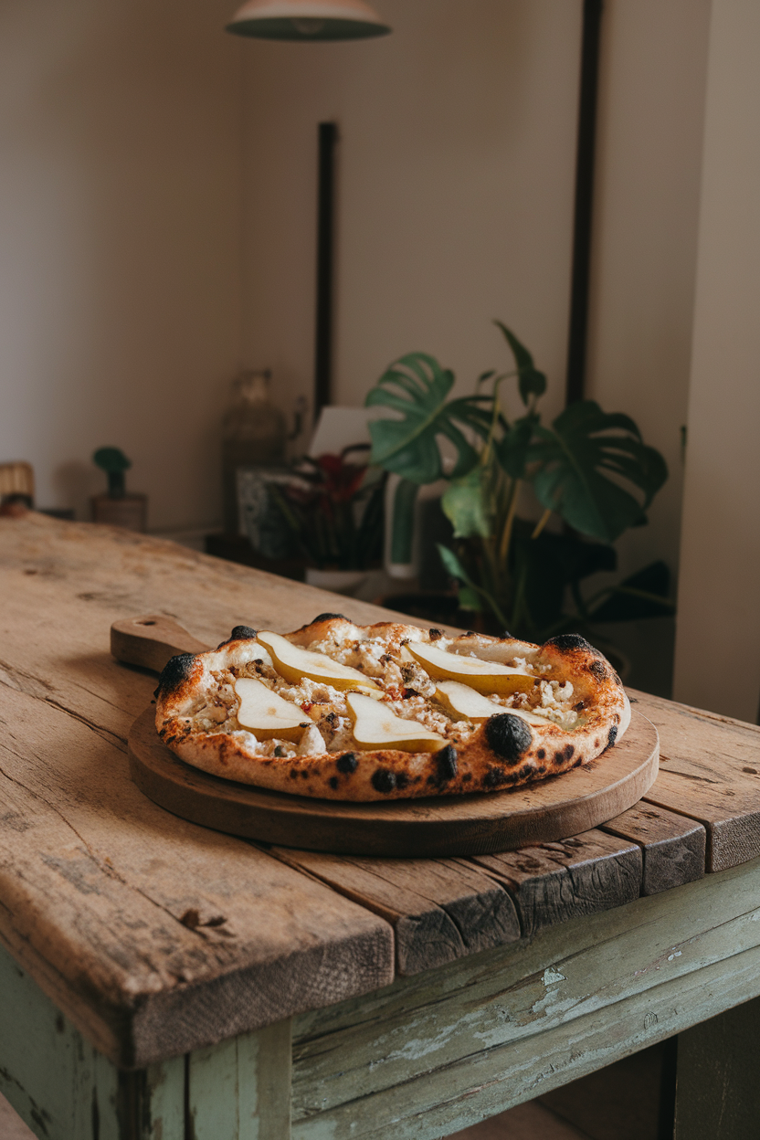 A rustic wooden table indoors with a pizza topped by gorgonzola crumbles and pear slices, edges charred, evoking ancient stone. Photo only, no text or logos.