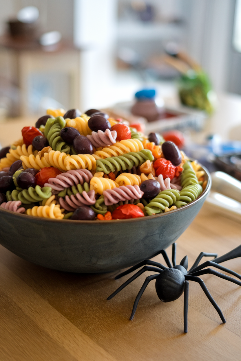 Large indoor bowl of tri-color rotini tossed with olives and cherry tomatoes shaped like little bugs, served with a spider utensil. No text or logos.